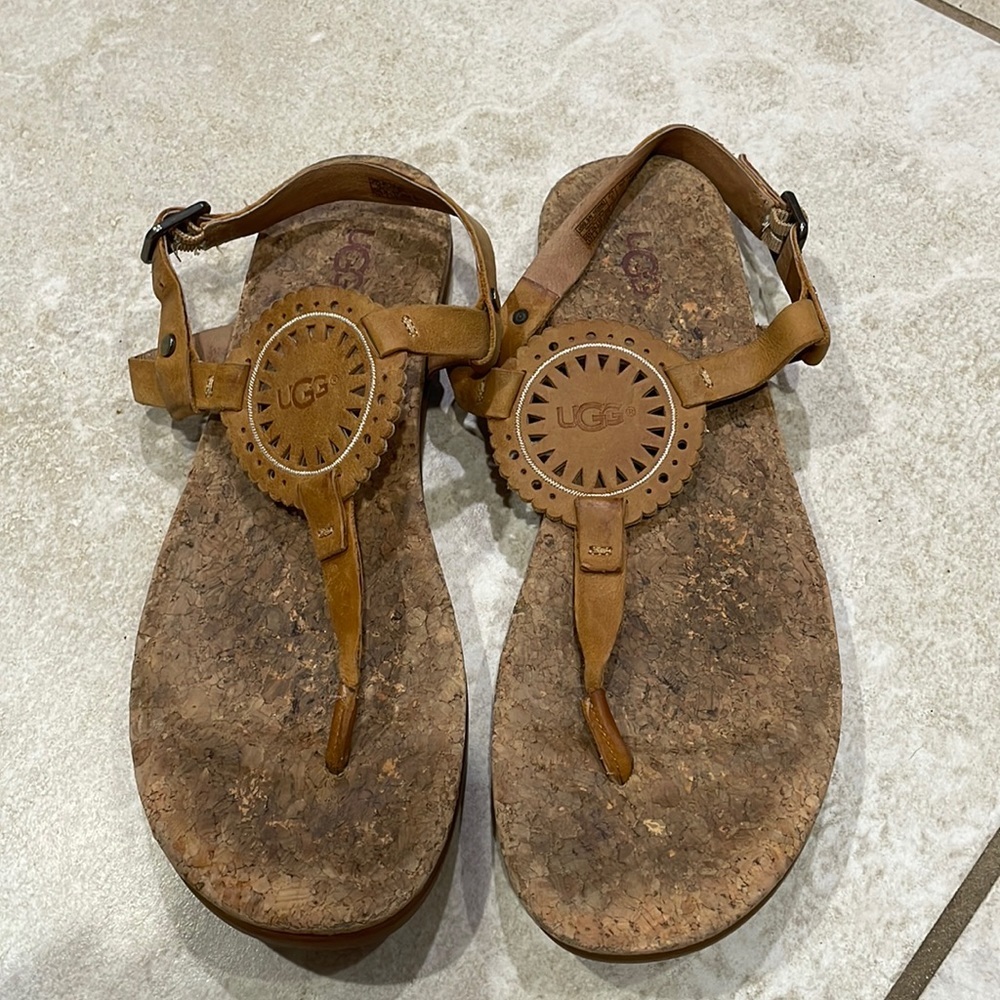 UGG Tan Leather T-strap Cork Footbed Sandals